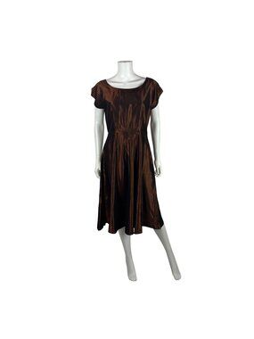 Vintage 50s Copper Cocktail Dress Womens M Brown Fit And Flare Boatneck Pin Up